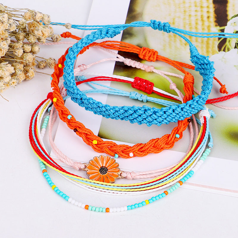 Wholesale Handmade Braided Wax Wire Bracelet Alloy Oil Drop Daisy Sunflower Bracelet