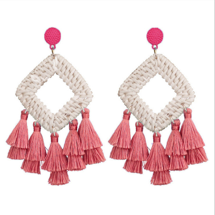 Wholesale Retro Exaggerated Bohemian Rattan Raffia Tassel Vintage Earrings ACC-ES-Boman001