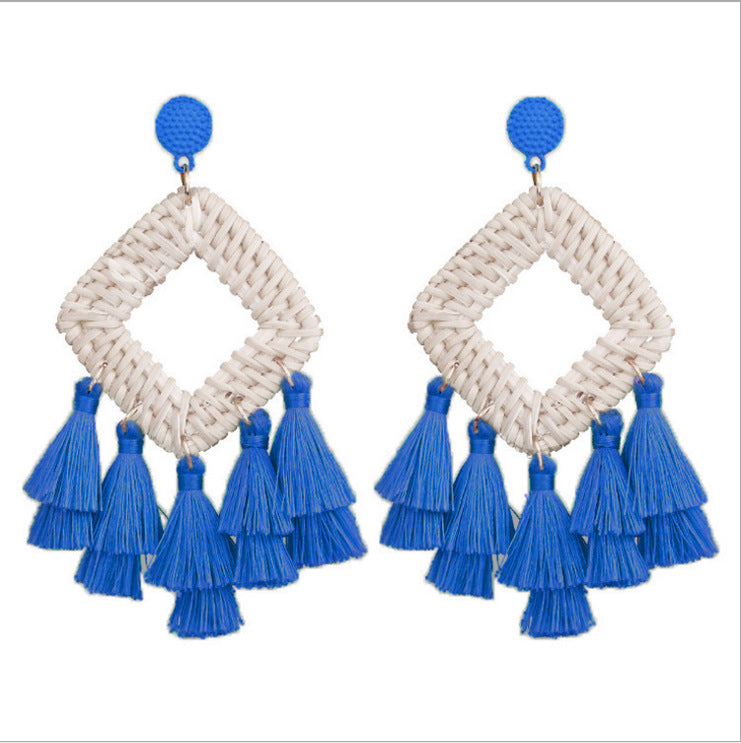Wholesale Retro Exaggerated Bohemian Rattan Raffia Tassel Vintage Earrings ACC-ES-Boman001