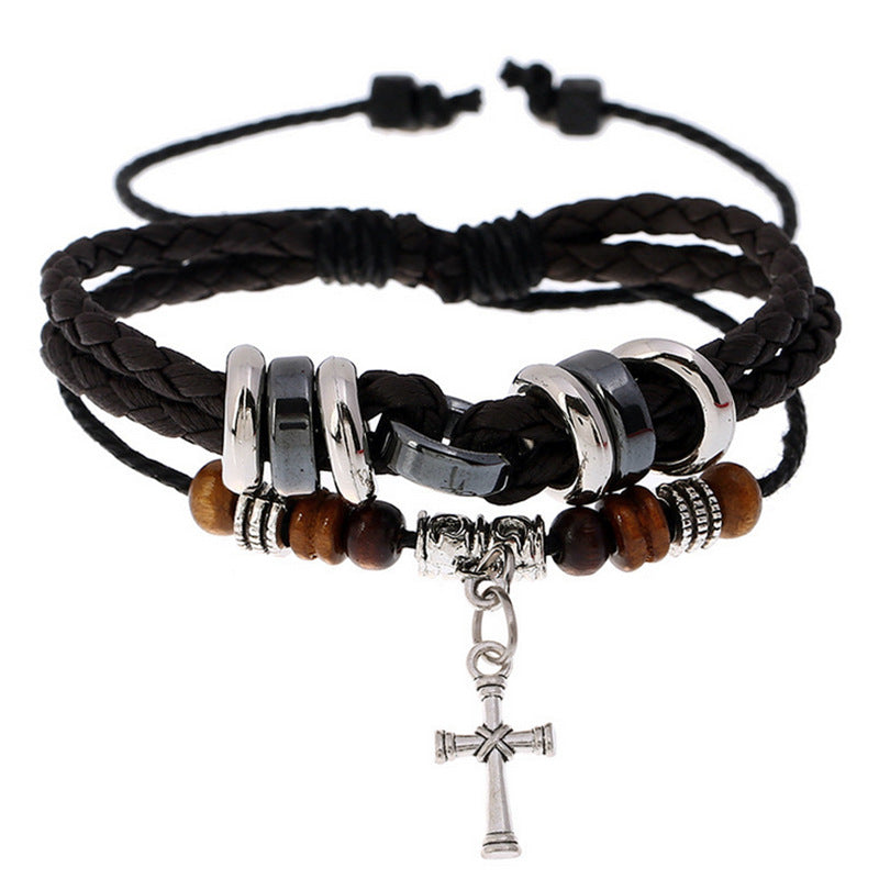 Wholesale Leather Braided Cross Bead Bracelet Handmade Men S Anniversary Gift