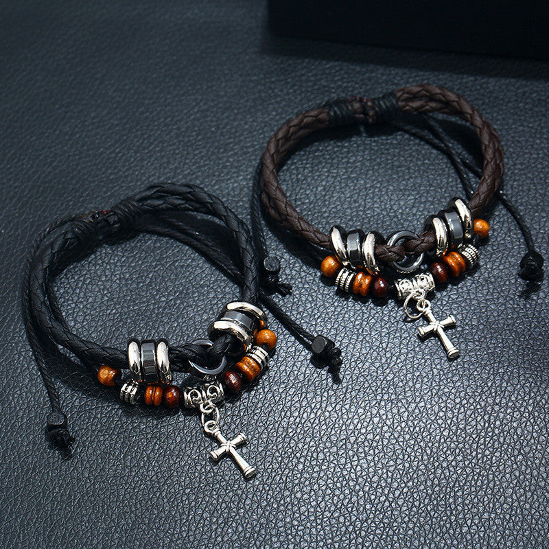 Wholesale Leather Braided Cross Bead Bracelet Handmade Men S Anniversary Gift