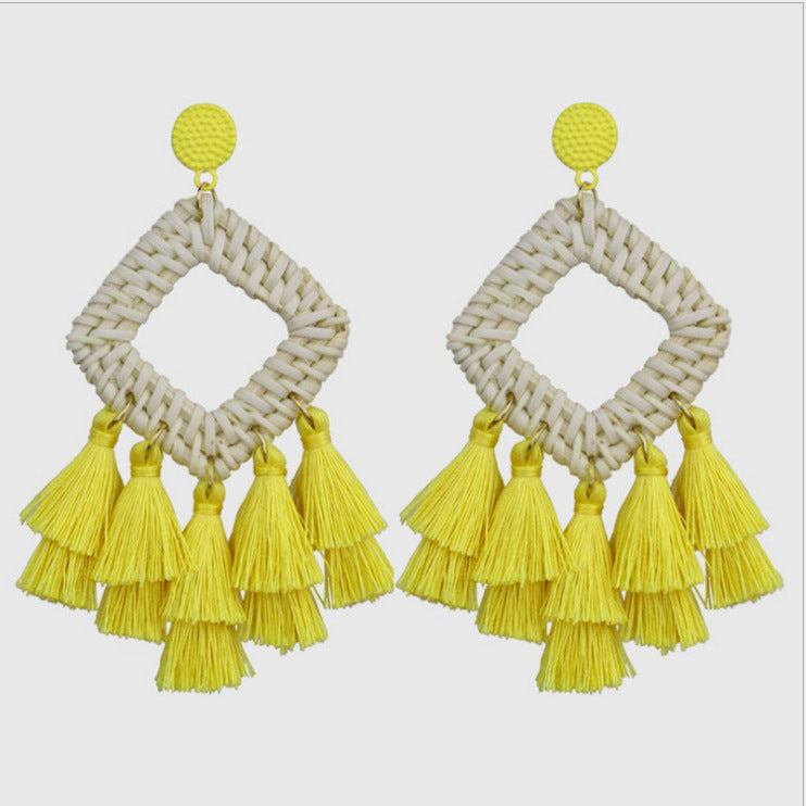 Wholesale Retro Exaggerated Bohemian Rattan Raffia Tassel Vintage Earrings ACC-ES-Boman001