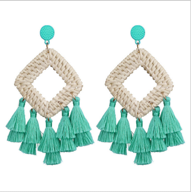Wholesale Retro Exaggerated Bohemian Rattan Raffia Tassel Vintage Earrings ACC-ES-Boman001