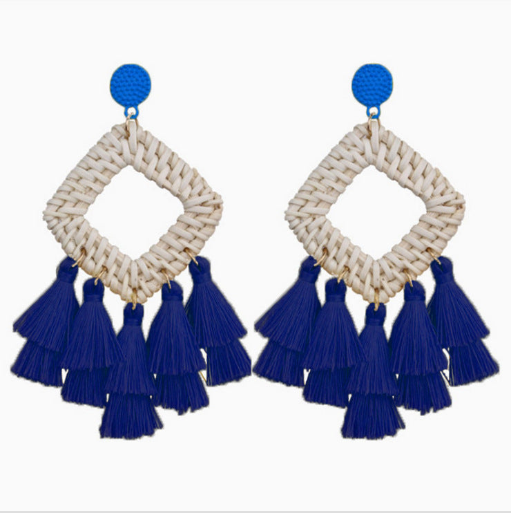 Wholesale Retro Exaggerated Bohemian Rattan Raffia Tassel Vintage Earrings ACC-ES-Boman001