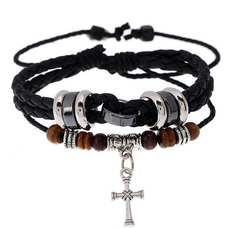 Wholesale Leather Braided Cross Bead Bracelet Handmade Men S Anniversary Gift