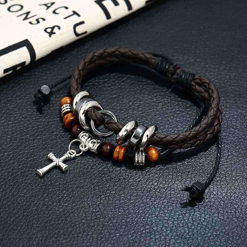 Wholesale Leather Braided Cross Bead Bracelet Handmade Men S Anniversary Gift