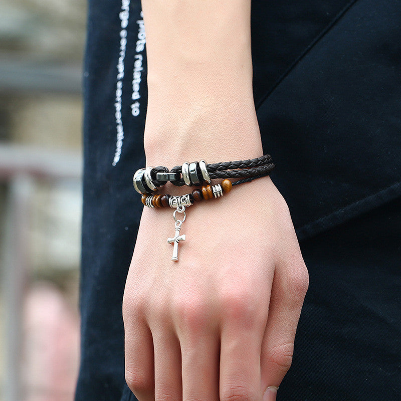 Wholesale Leather Braided Cross Bead Bracelet Handmade Men S Anniversary Gift