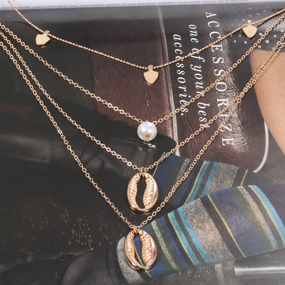 Wholesale Bohemian Irregular Shell Heart Four-layer Necklaces ACC-NE-SuRen003