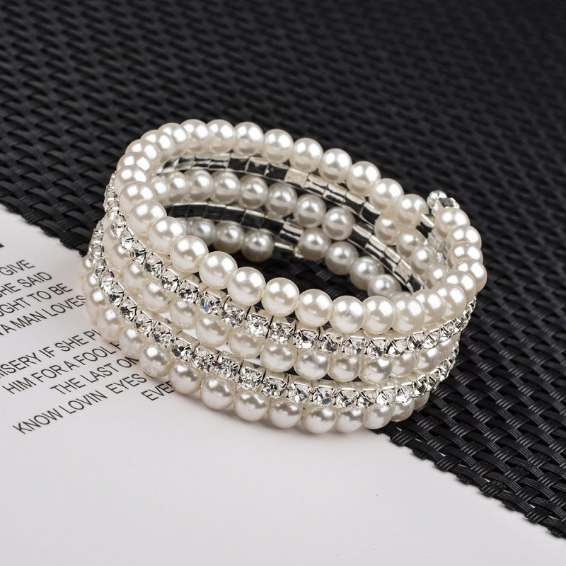 Wholesale Wire Bracelet Elastic Wire Bracelet Multi-layered Pearl Rhinestone Bracelet ACC-BT-Zheq004