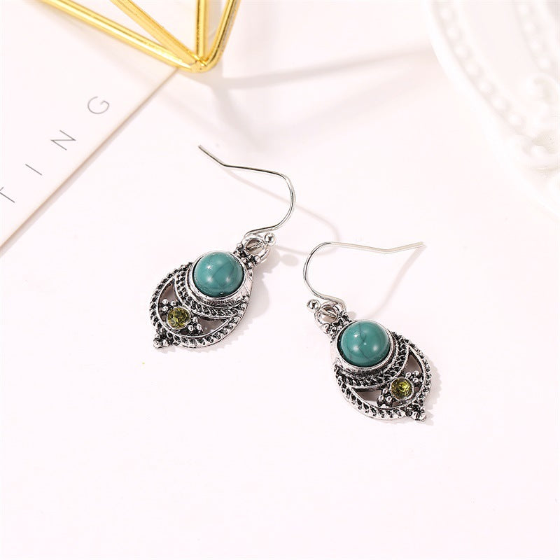 Wholesale Boxime Turquoise Pendant Court Vintage Hollow Carved Ear Hook Earrings