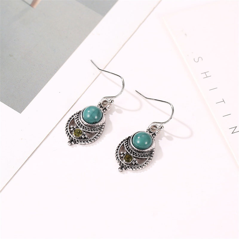 Wholesale Boxime Turquoise Pendant Court Vintage Hollow Carved Ear Hook Earrings