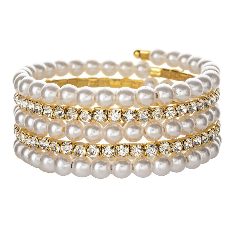 Wholesale Wire Bracelet Elastic Wire Bracelet Multi-layered Pearl Rhinestone Bracelet ACC-BT-Zheq004