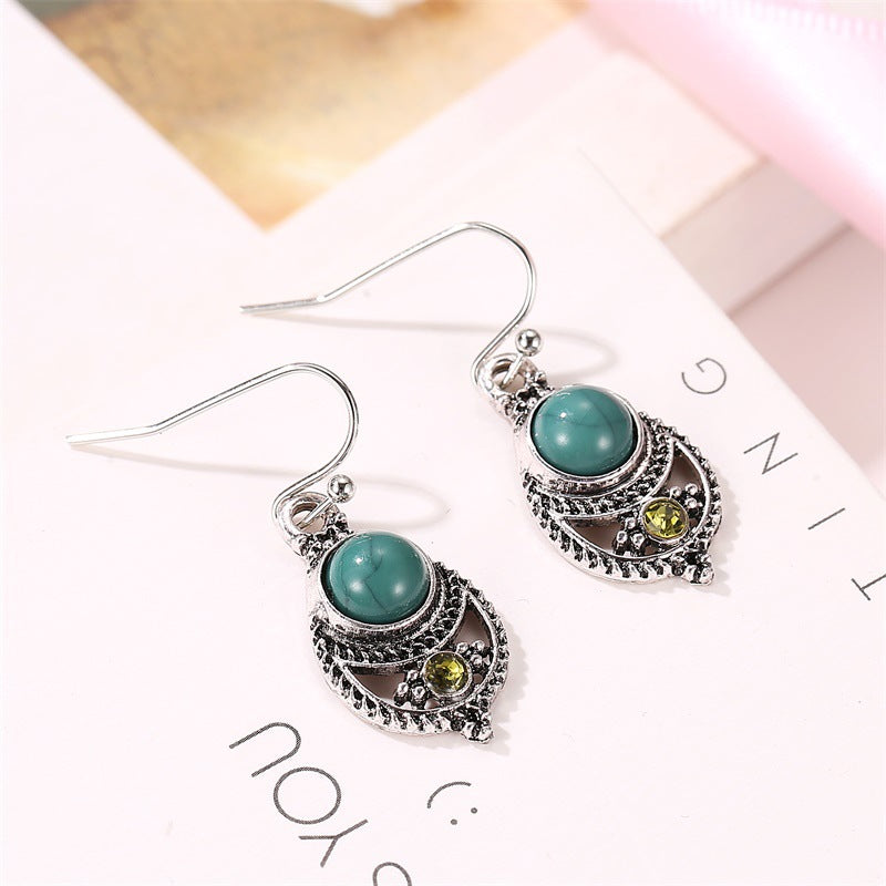 Wholesale Boxime Turquoise Pendant Court Vintage Hollow Carved Ear Hook Earrings