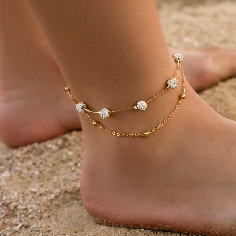 Wholesale  Double-layer Shambhala Diamond Ball Crystal  Anklets