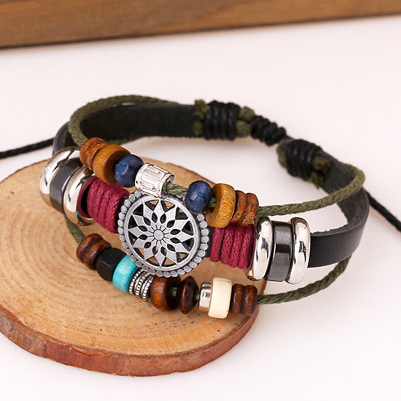 Wholesale Stylish Handmade Leather Bracelet Unisex Black Silver Beads Fashion Accessory Gift