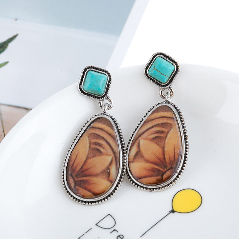 Wholesale Retro Silver Plated Turquoise Sunflower Earrings - Trendy Fashion Accessory for Everyday Wear