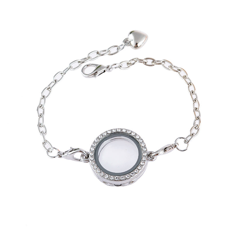 Wholesale Alloy Diamond Finish Round Openable Photo Frame Bracelet 4 Colors Jewelry Accessory