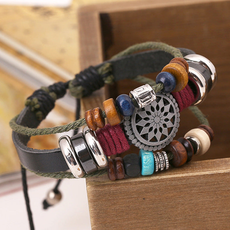 Wholesale Stylish Handmade Leather Bracelet Unisex Black Silver Beads Fashion Accessory Gift