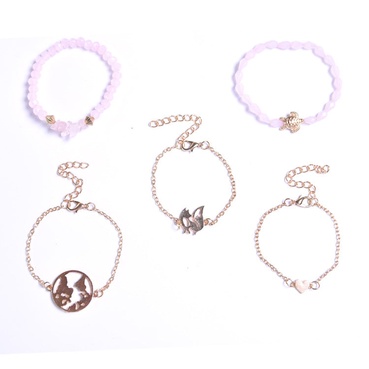 Wholesale  5pcs/set turtle map irregular pink crystal love bracelet