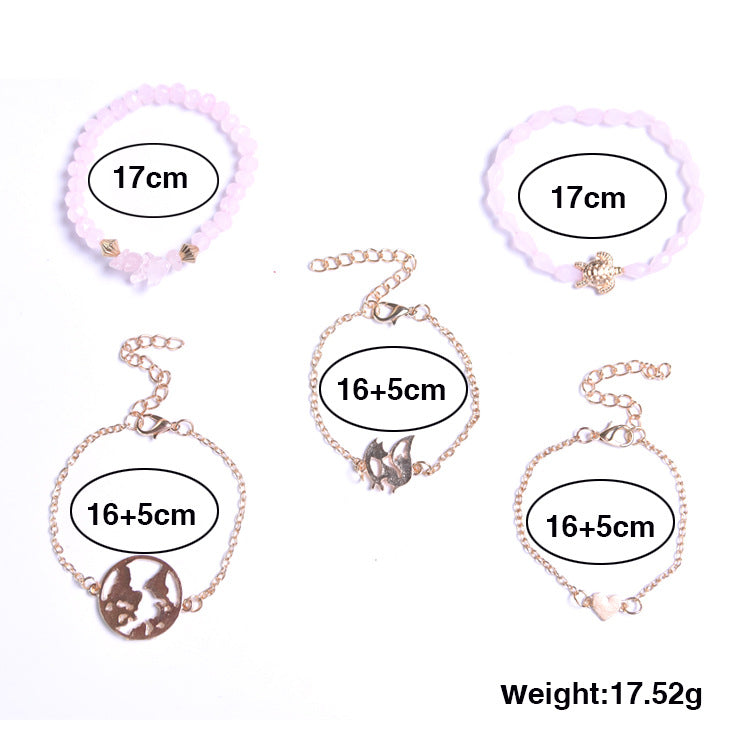 Wholesale  5pcs/set turtle map irregular pink crystal love bracelet