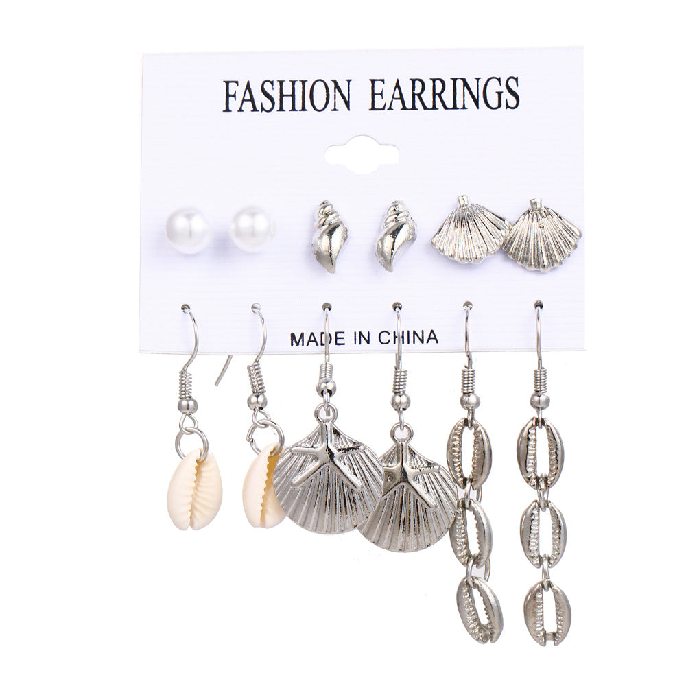 Wholesale Pearl Inlaid 6 Pairs Seashell Starfish Conch Earrings Set Beach Style Fashion Jewelry Accessory
