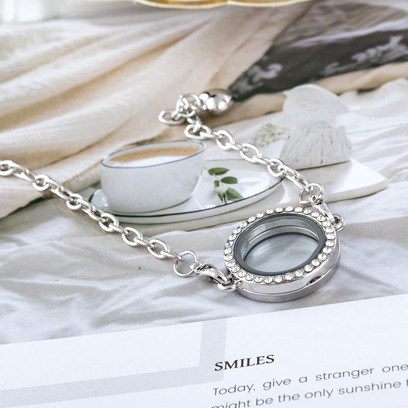 Wholesale Alloy Diamond Finish Round Openable Photo Frame Bracelet 4 Colors Jewelry Accessory