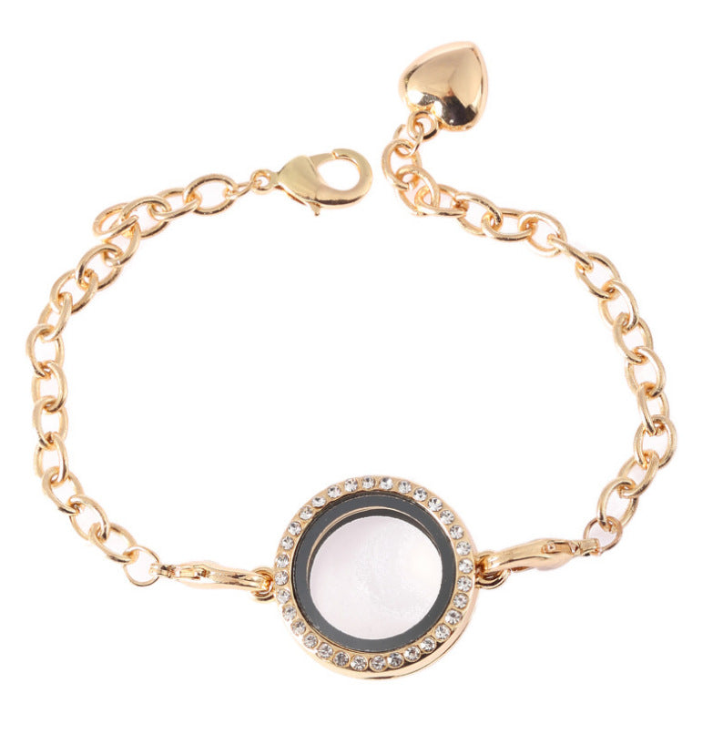 Wholesale Alloy Diamond Finish Round Openable Photo Frame Bracelet 4 Colors Jewelry Accessory