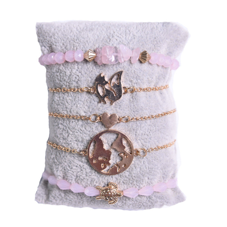 Wholesale  5pcs/set turtle map irregular pink crystal love bracelet