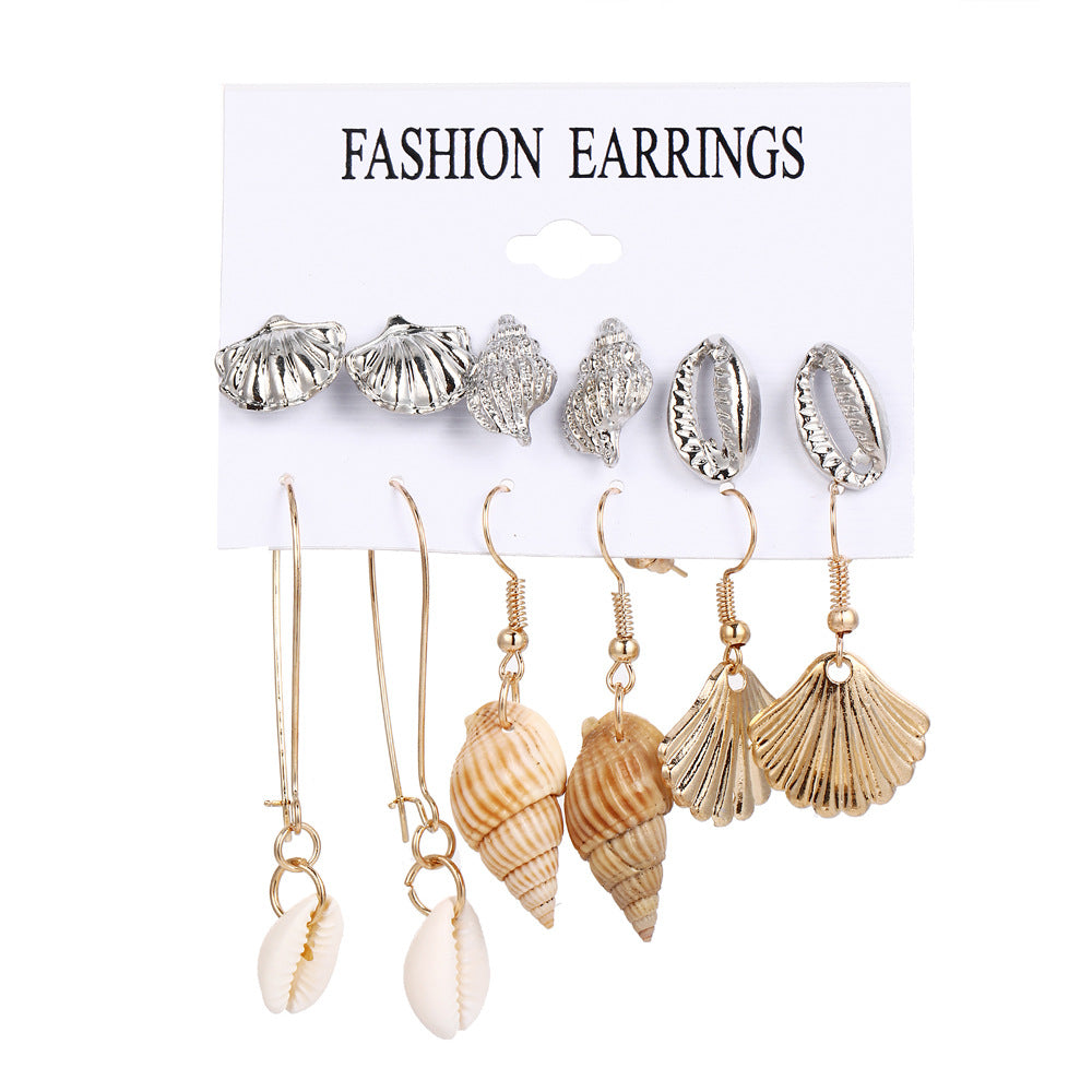 Wholesale Pearl Inlaid 6 Pairs Seashell Starfish Conch Earrings Set Beach Style Fashion Jewelry Accessory