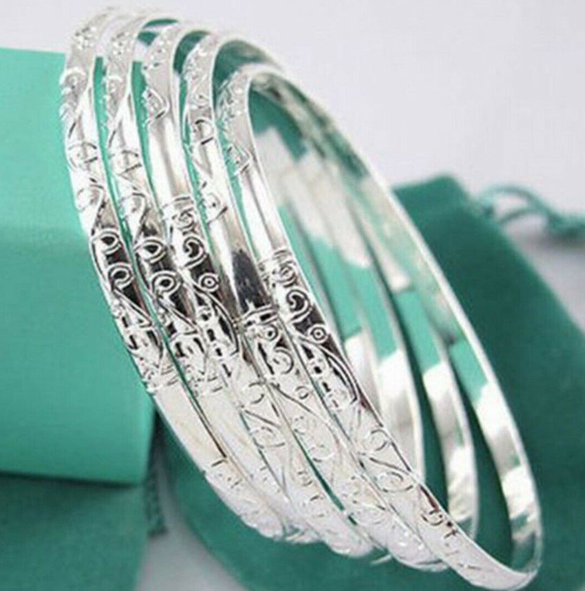 Wholesale 5-Pack Flower Pattern Round Bangles,  European American Style Silver-Tone Jewelry Accessory,  Gift Boutique Resale