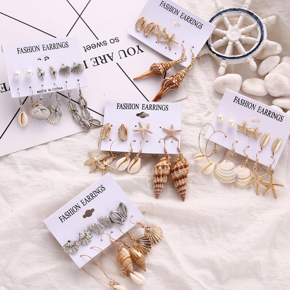 Wholesale Pearl Inlaid 6 Pairs Seashell Starfish Conch Earrings Set Beach Style Fashion Jewelry Accessory