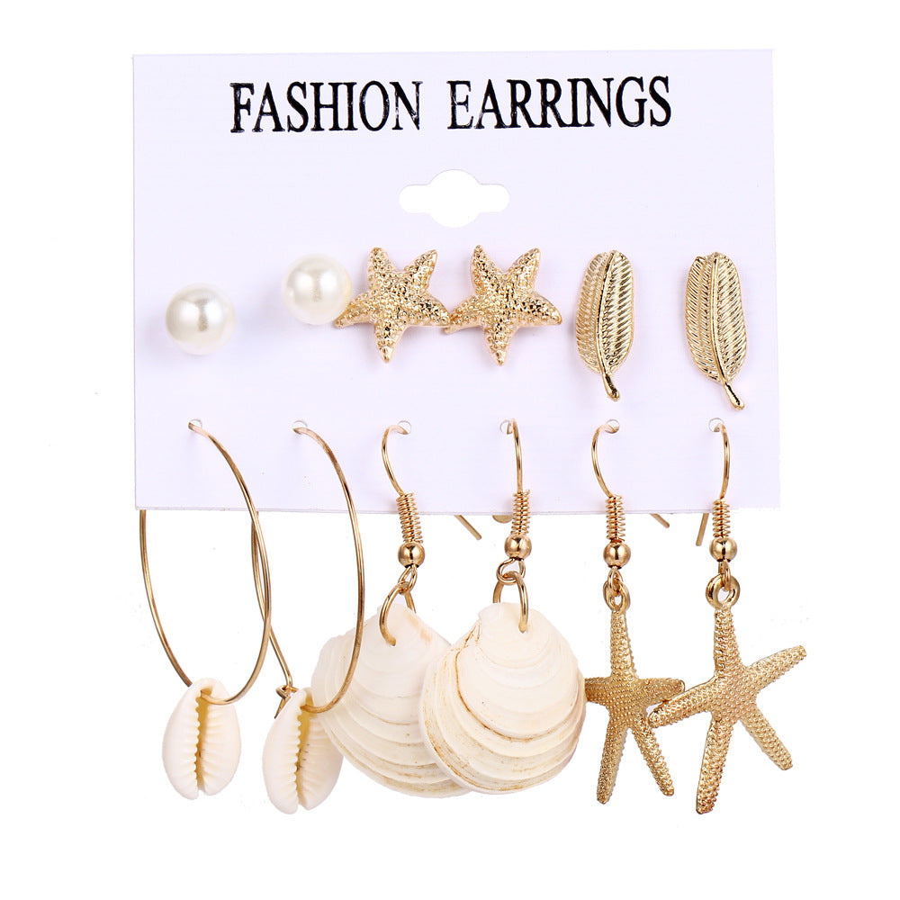 Wholesale Pearl Inlaid 6 Pairs Seashell Starfish Conch Earrings Set Beach Style Fashion Jewelry Accessory