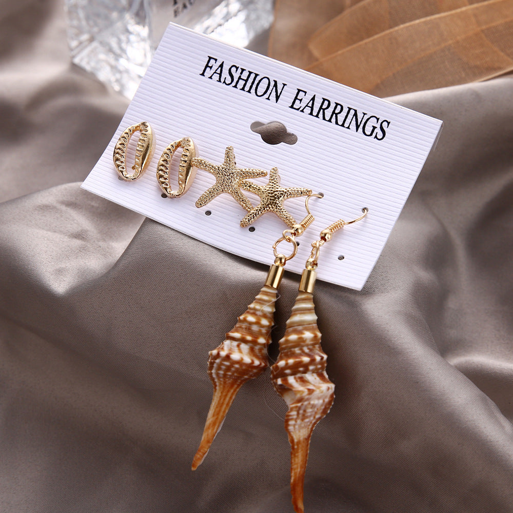 Wholesale Pearl Inlaid 6 Pairs Seashell Starfish Conch Earrings Set Beach Style Fashion Jewelry Accessory
