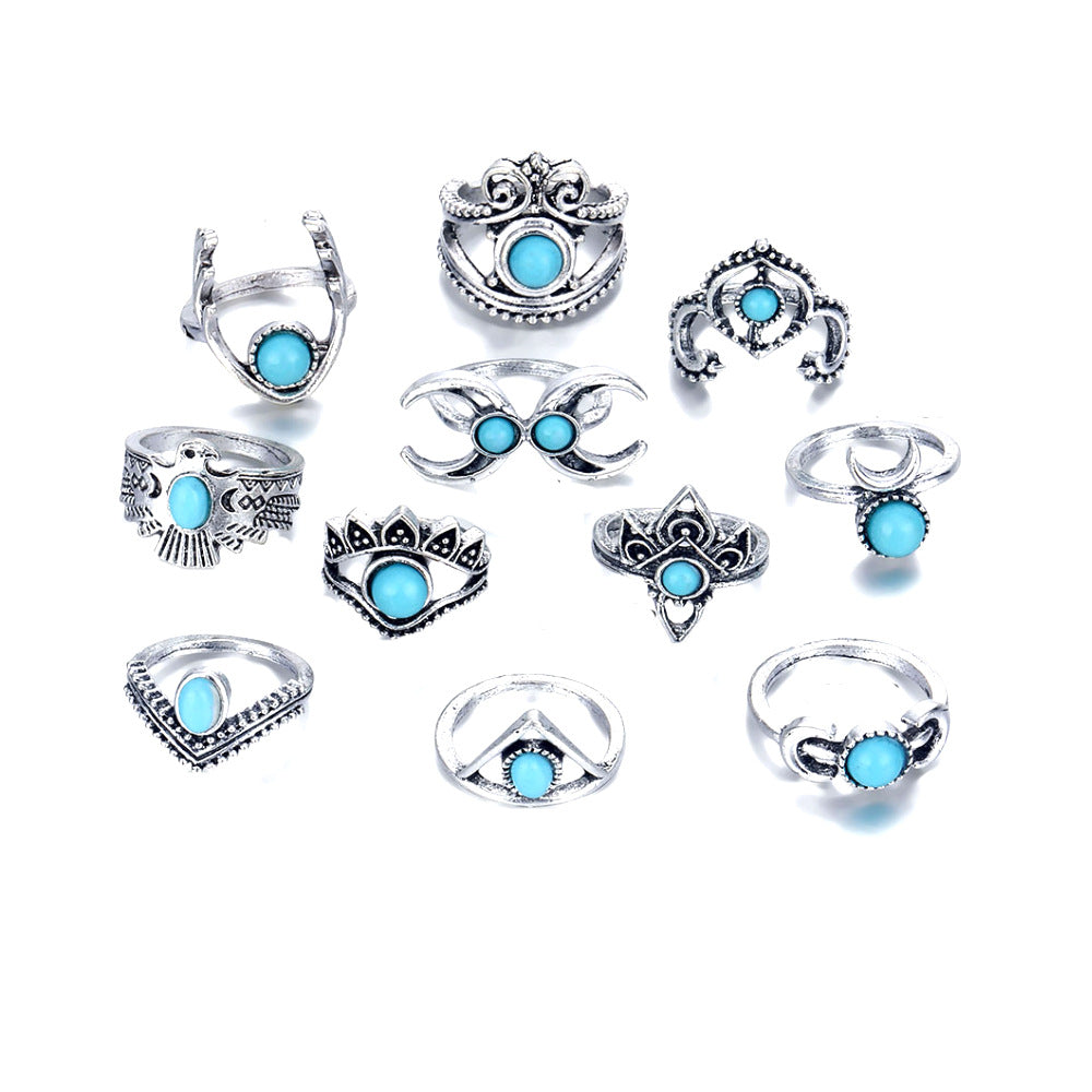 Wholesale  Retro Personality Exaggerated Turquoise Crescent Owl 11-piece Resin Set Ring