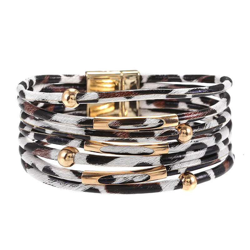 Wholesale Alloy Leopard Print Magnet Buckle Leather Bracelets Layered Bracelet Set ACC-BT-Zhany001