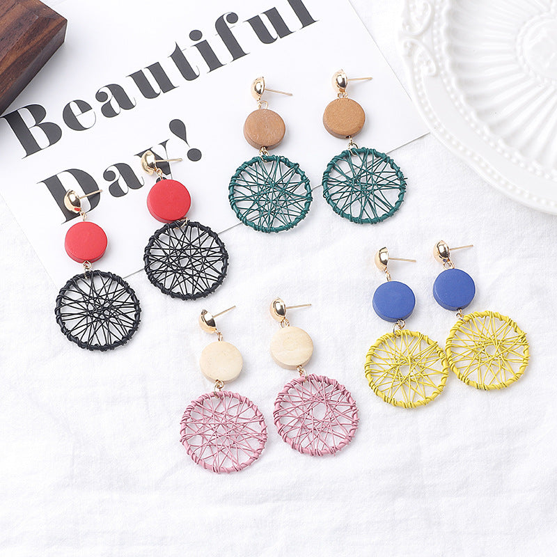 Wholesale Long Wooden Tassel Hollow Geometric Surround Dream Catcher Earrings