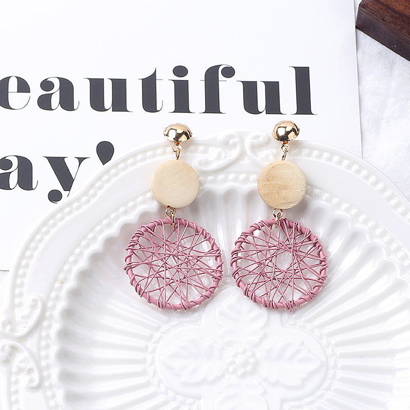 Wholesale Long Wooden Tassel Hollow Geometric Surround Dream Catcher Earrings