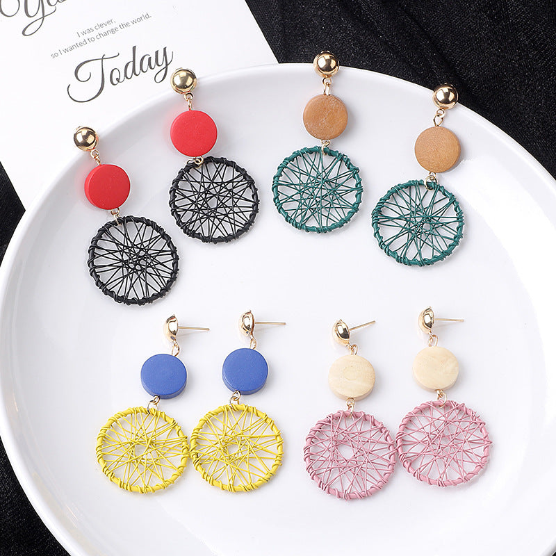 Wholesale Long Wooden Tassel Hollow Geometric Surround Dream Catcher Earrings