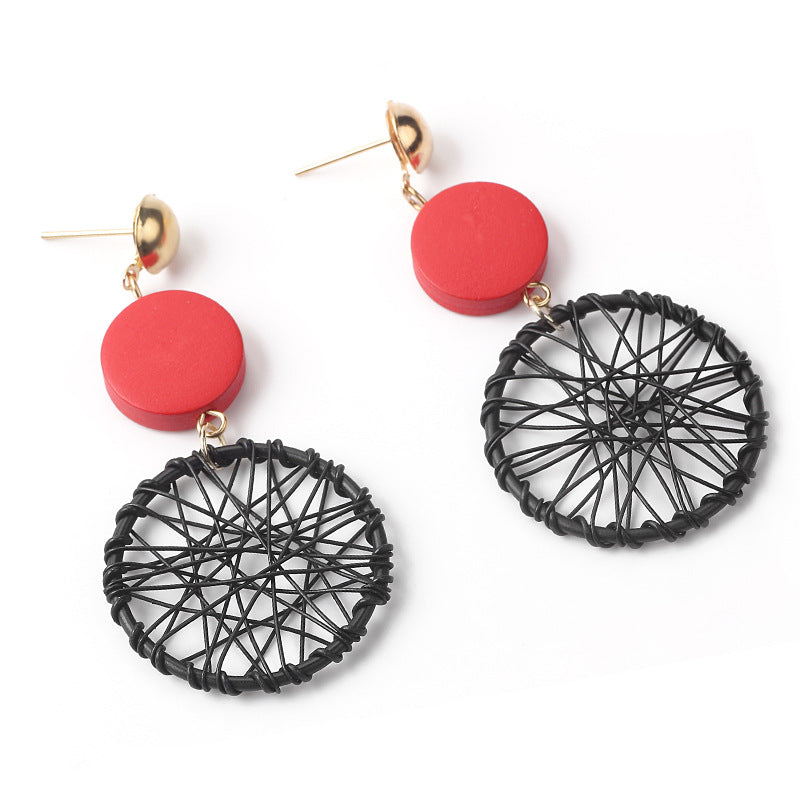Wholesale Long Wooden Tassel Hollow Geometric Surround Dream Catcher Earrings
