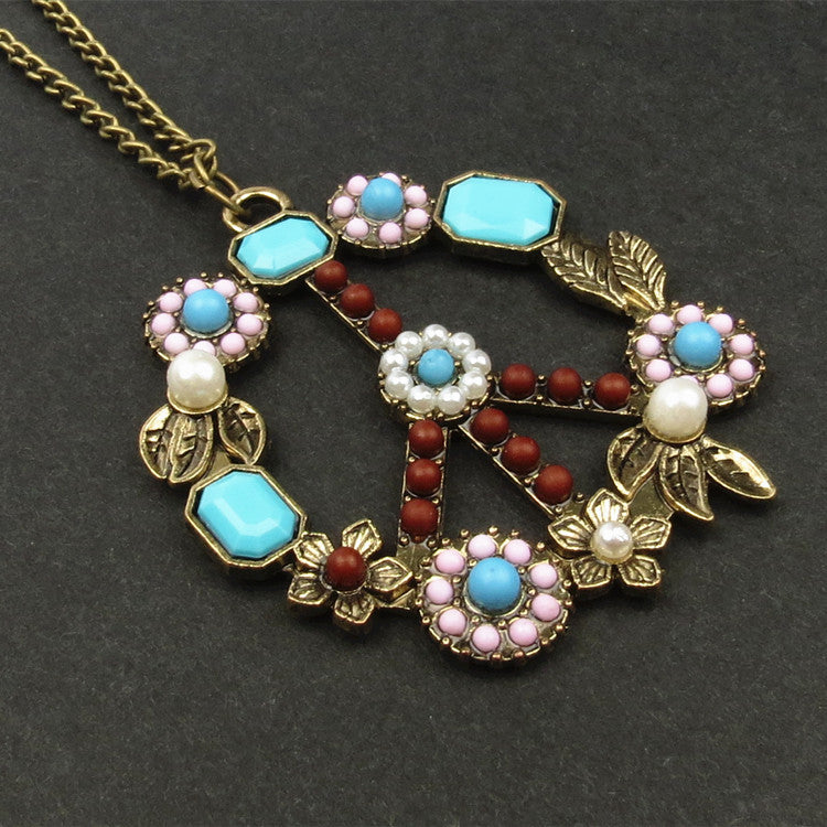 Wholesale Vintage Inlaid Gemstone Turquoise Pearl Flower Necklace ACC-NE-Hour003