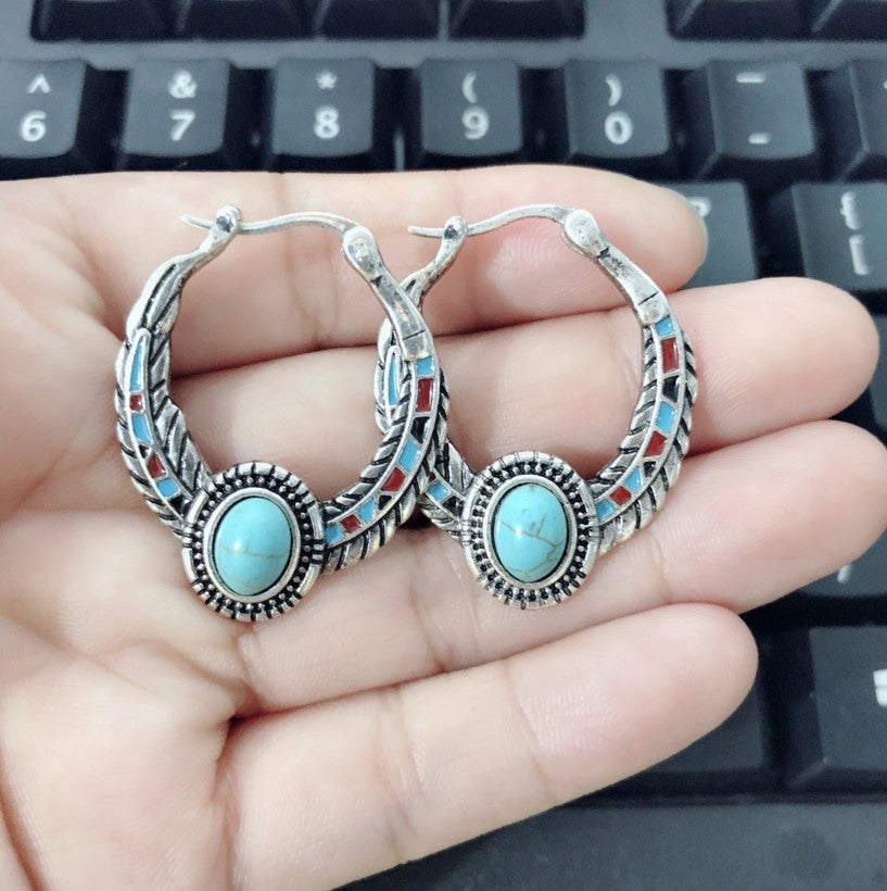 Wholesale Decorative Eagle Feather Earrings with Turquoise Inlay Alloy Electroplated Fashion Accessory