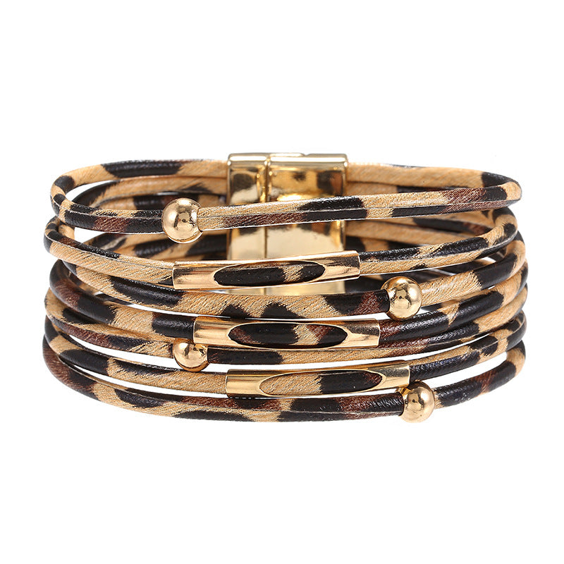 Wholesale Alloy Leopard Print Magnet Buckle Leather Bracelets Layered Bracelet Set ACC-BT-Zhany001