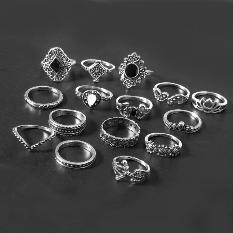Wholesale Vintage Retro Articulated Ring Set,  15 Pieces Alloy Hollow Sunflower Design with Black Stone,  Women' s Jewelry Gift for Daily Wear