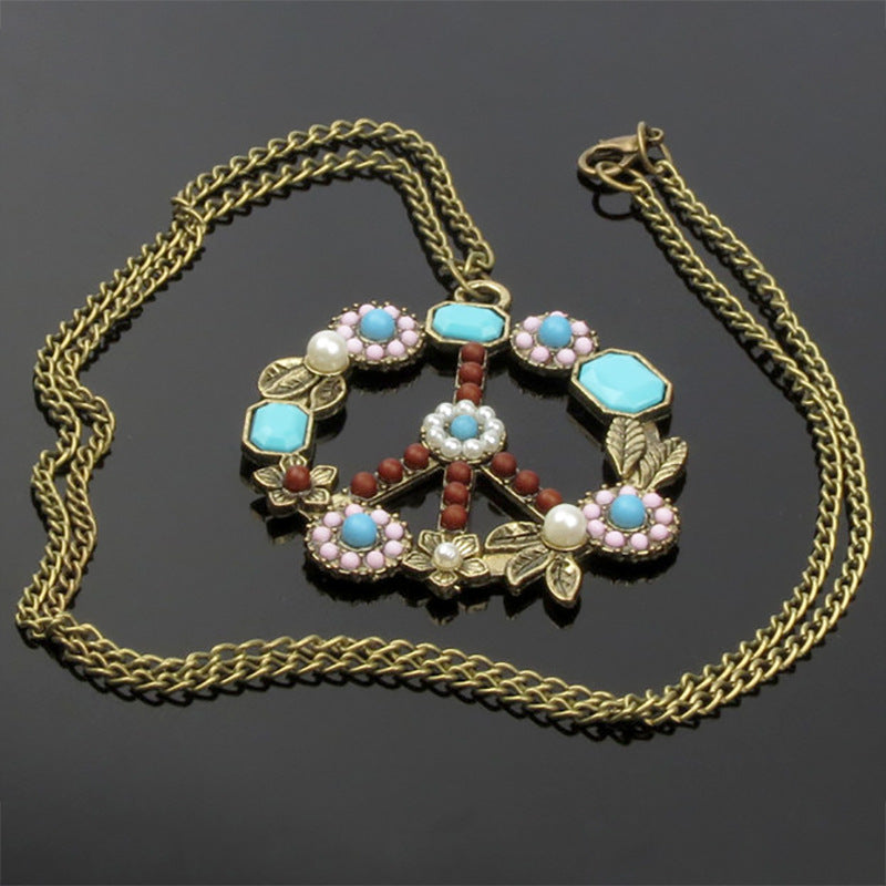 Wholesale Vintage Inlaid Gemstone Turquoise Pearl Flower Necklace ACC-NE-Hour003