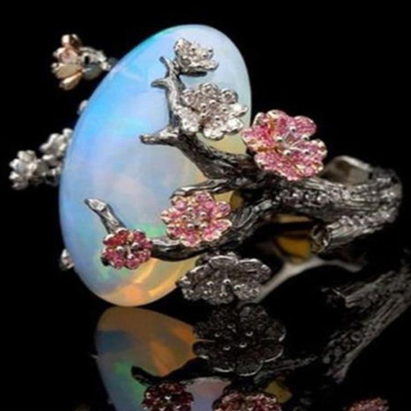 Wholesale Retro Floral Opal Ring for Women,  Black and Gold Split Color Design,  Everyday Wear Party Jewelry Gift