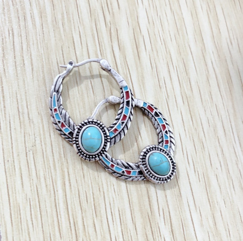 Wholesale Decorative Eagle Feather Earrings with Turquoise Inlay Alloy Electroplated Fashion Accessory