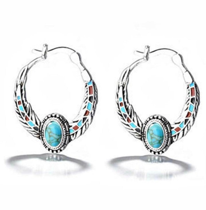 Wholesale Decorative Eagle Feather Earrings with Turquoise Inlay Alloy Electroplated Fashion Accessory