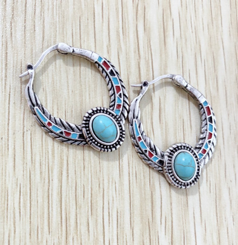 Wholesale Decorative Eagle Feather Earrings with Turquoise Inlay Alloy Electroplated Fashion Accessory