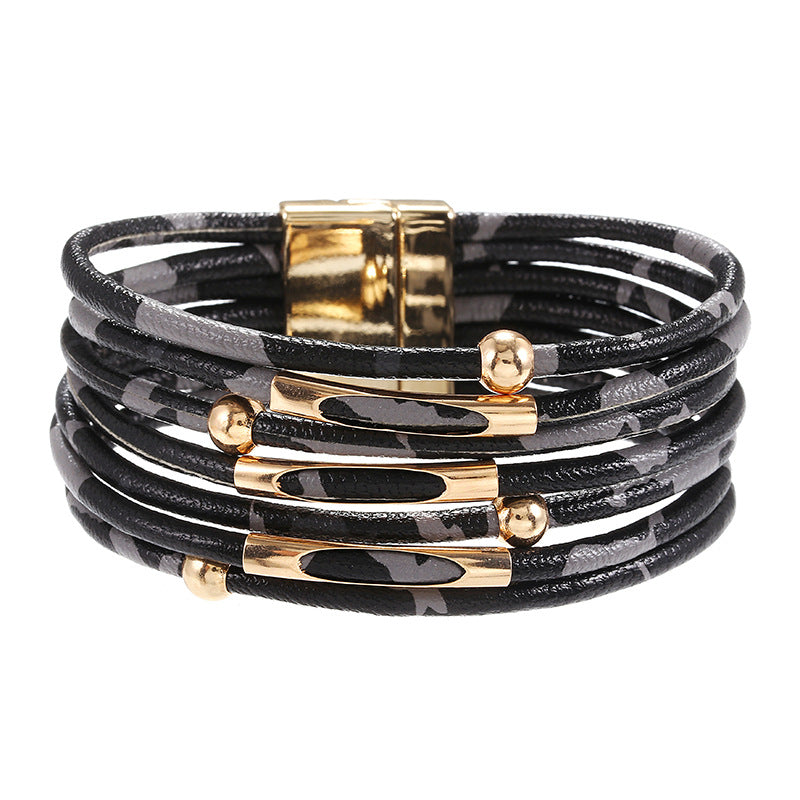 Wholesale Alloy Leopard Print Magnet Buckle Leather Bracelets Layered Bracelet Set ACC-BT-Zhany001