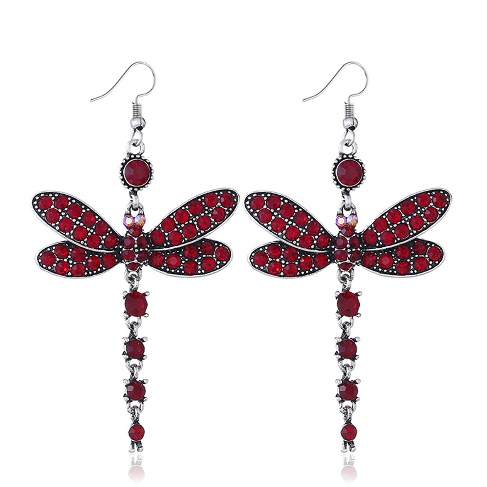 Wholesale Alloy Dragonfly Earrings,  Stylish European American Insect Pendant Jewelry for Women,  Red,  Wedding Gift Accessory
